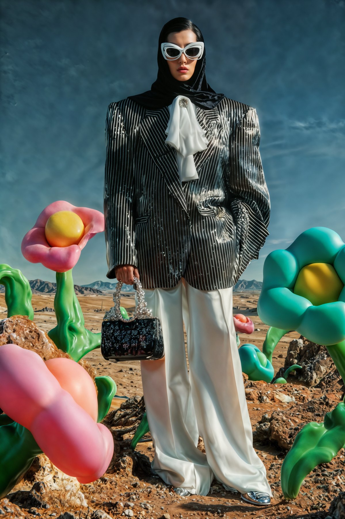 Woman in an oversized striped sequin suit and white sunglasses standing in a desert among giant glossy pink and teal flowers