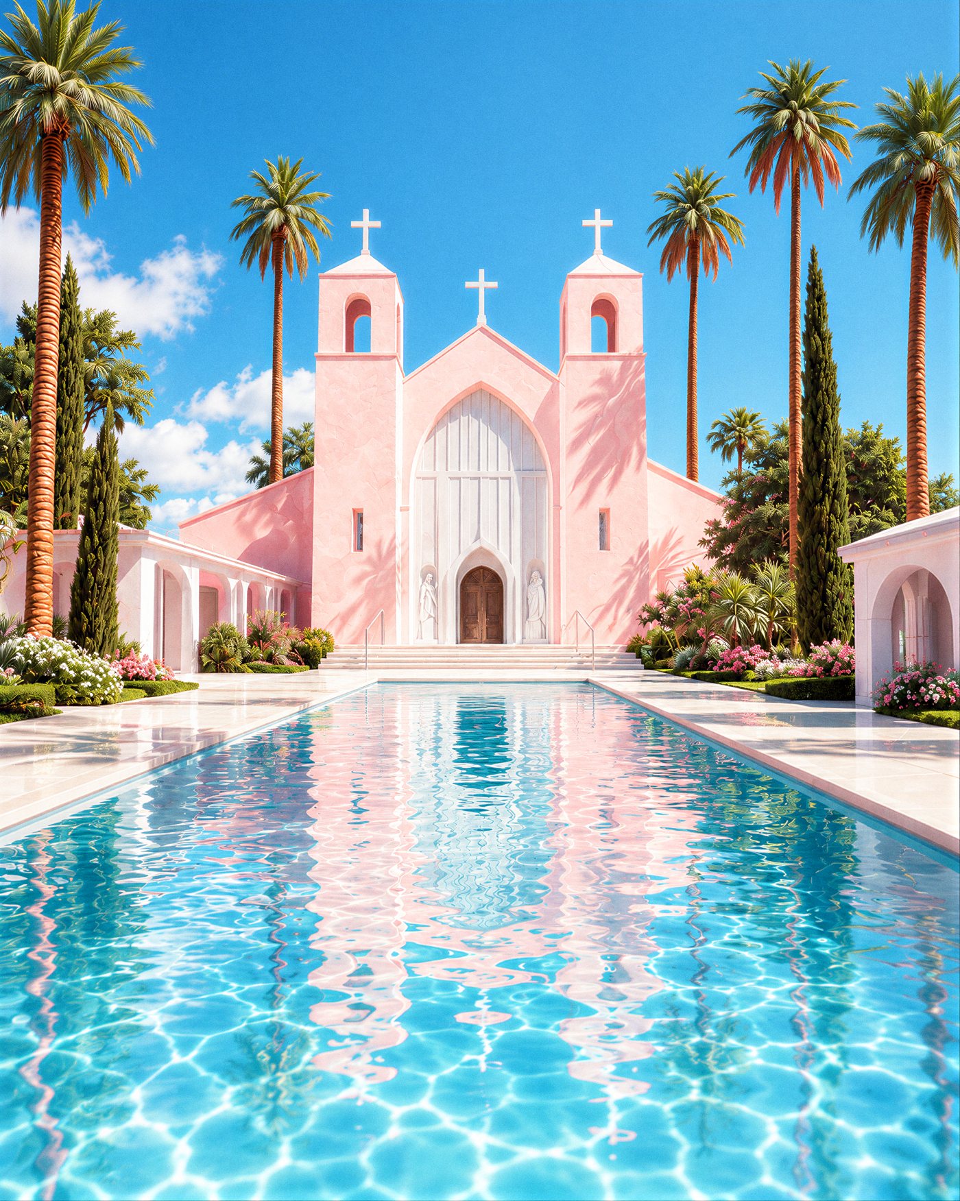 Pink church with palm trees behind a long pool