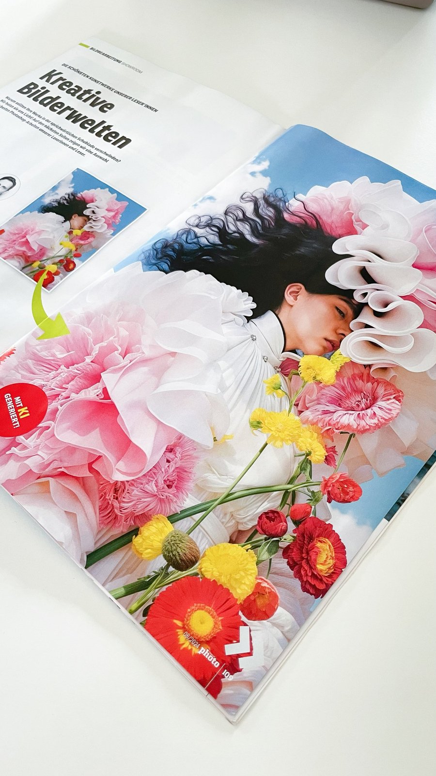 Magazine spread in photo magazine 08/2024 showing a woman in white ruffles surrounded by giant pink and red flowers