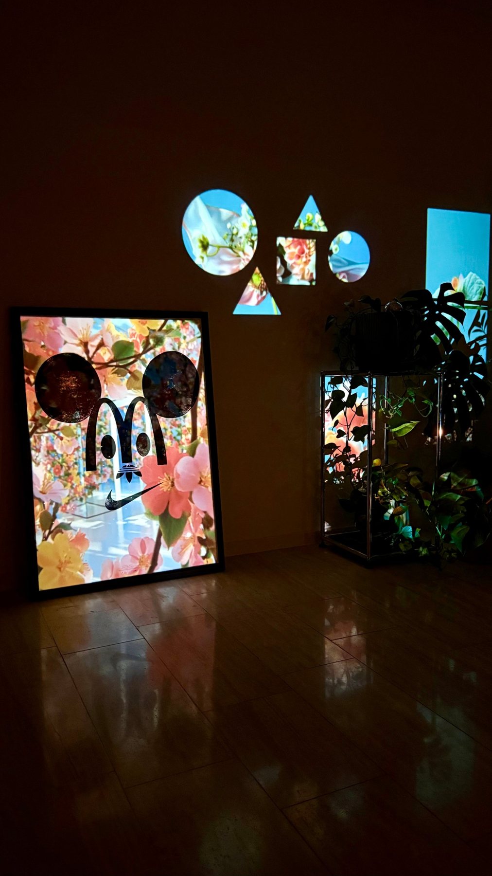 Flower animations projected onto objects in a dark room