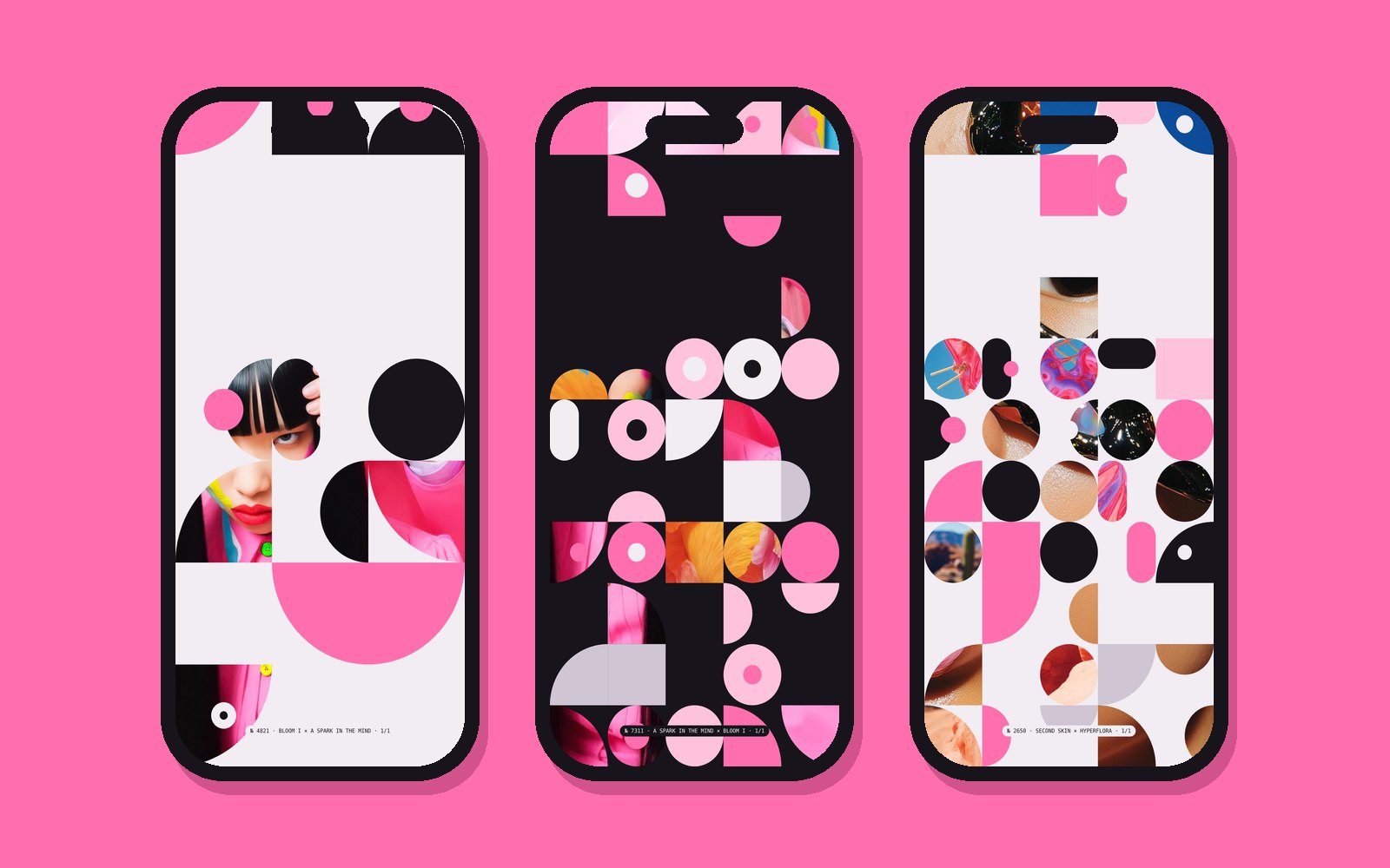 Three phones showing generated BASD-ART wallpapers of flat shapes and image fragments on pink